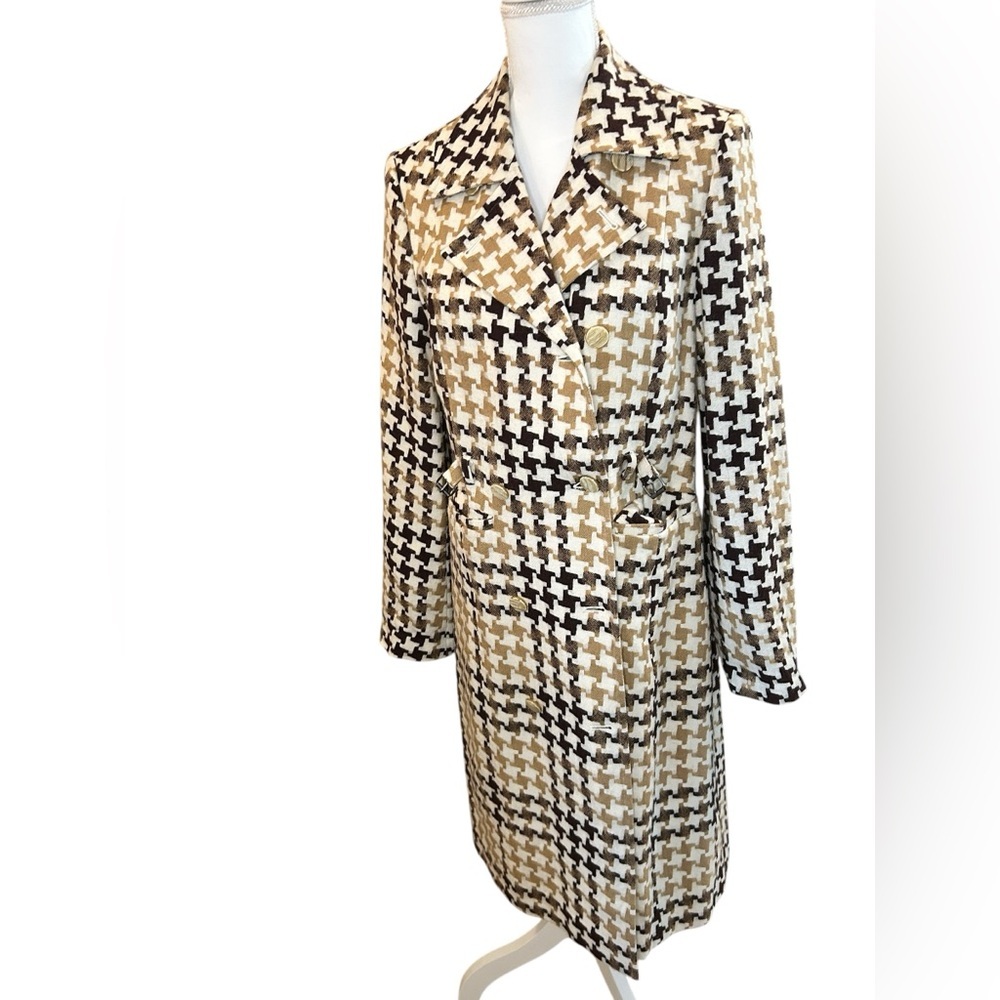 Vintage Houndstooth Trench Coat Women Size 8 Long Double Breasted Classic Coat